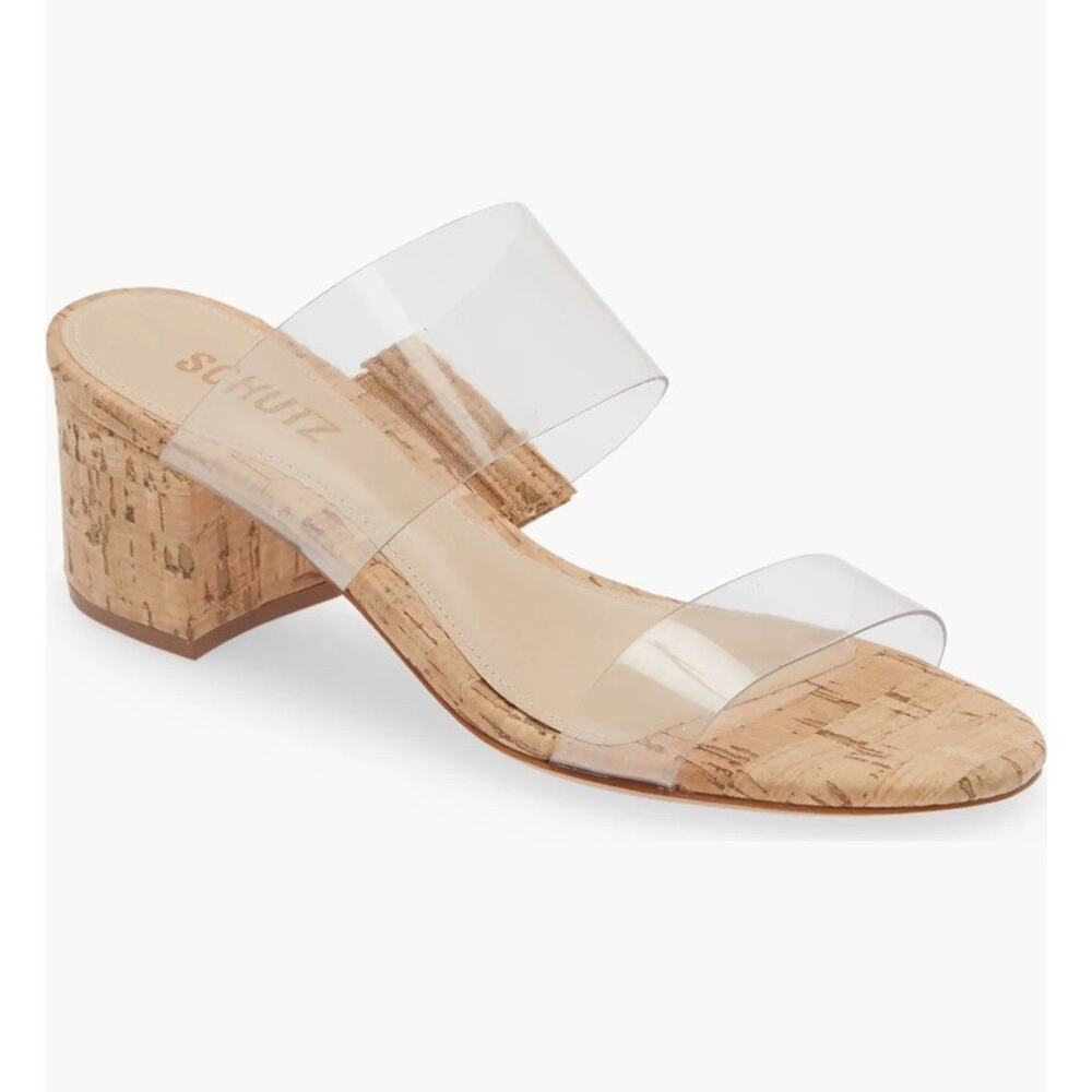 SCHUTZ 7.5 Clear Chunky Strap Sandals Cork Block Heel Minimalist Leather Womens
